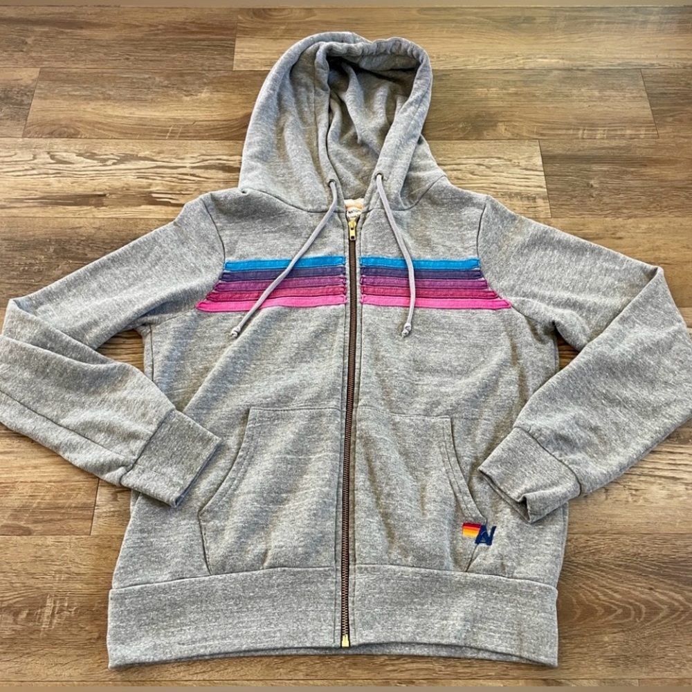 Aviator Nation Gray Hoodie with Rainbow Stripes